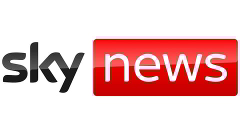 Sky News logo with gray text and red button